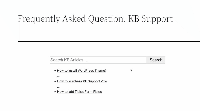 kb support's search form for faq